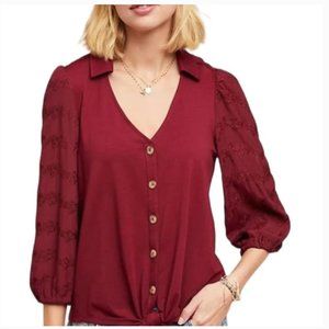 Vanessa Virginia Anthropologie Lenora Maroon Button Down Tie Front Top Small